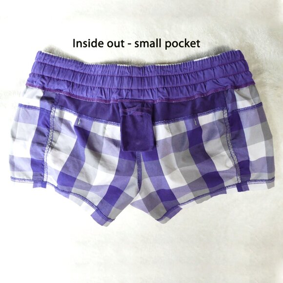 Lululemon plaid speed shorts with drawstring 30” waist Size 4 purple grey white - Picture 3 of 5